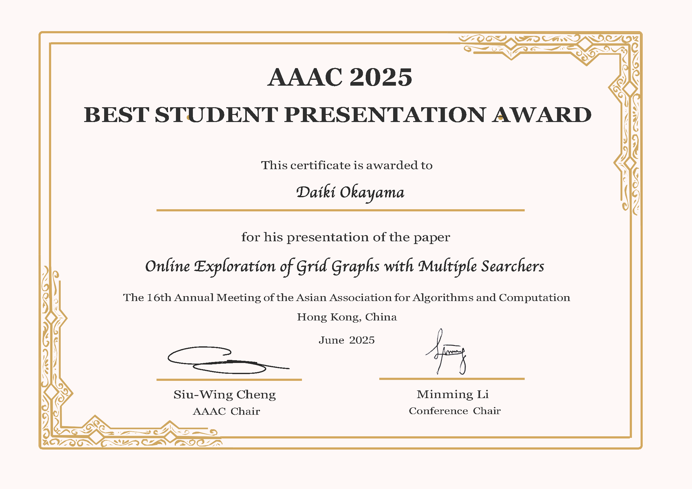 Daiki Okayama of Hyogo University wins Best Student Presentation Award in connection with Moonshot Kunii Project research